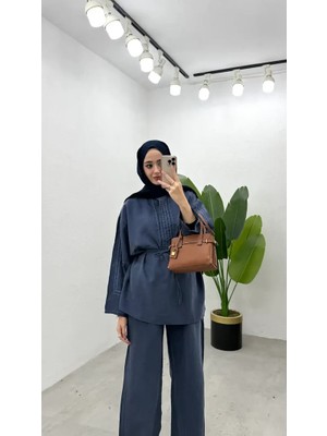 Miraydin Butik Nakışlı Tesla Kumaş Tesettür Ikili Takım - Lacivert