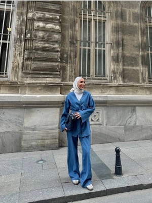 Miraydin Butik  Kadın Düğmeli ve Kemerli Denim Ikili Takım M61824 -  Açık Kot
