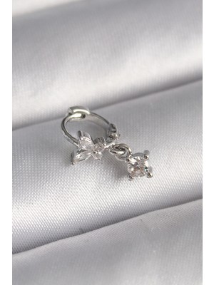 Bucuks Mey Ithalat® 316L Çelik Gümüş Renk Zirkon Taşlı Kelebek Model Sallantı Detay Tragus Piercing