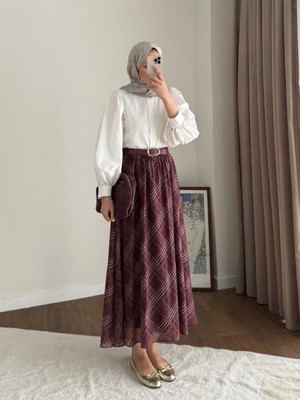 Miraydin Butik Desenli ve Kemerli Şifon Etek - Bordo