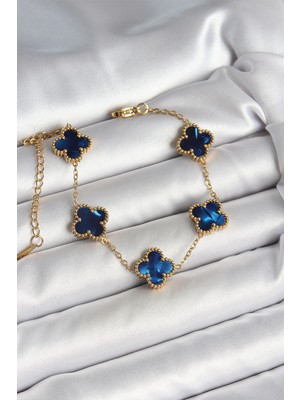 Bucuks Mey Ithalat® 316L Çelik Sedefli Lacivert Gold Renk Yonca Kadın Bileklik