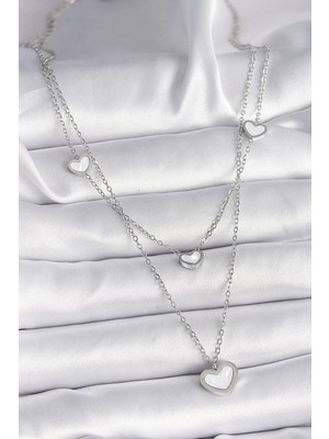 Bucuks Mey Ithalat® 316L Çelik Gümüş Renk Zincir 2'li Zincir Kalp Model Kadın Kolye