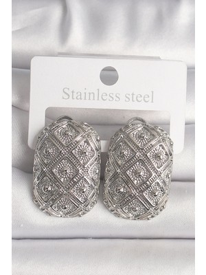 Bucuks Mey Ithalat® Pirinç Gümüş Renk Motif Işlemeli Kadın Küpe