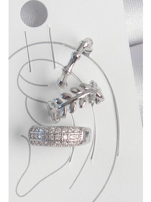 Bucuks Mey Ithalat® Pirinç Gümüş Renk Zirkon Taşlı 3'lü Model Yaprak Figür Kadın Kıkırdak Küpe