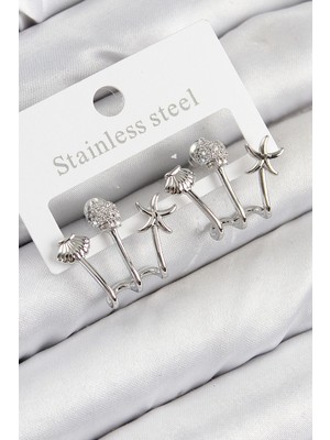 Bucuks Mey Ithalat® Pirinç Zirkon Taşlı Deniz Yıldızı ve Istiridye Model Gümüş Renk Kadın Küpe