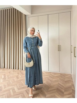 Miraydin Butik Belden Bağlamalı Yaka Pat Detaylı Denim Elbise - Mavi