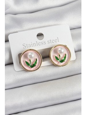 Bucuks Mey Ithalat® Pirinç Pembe Mineli Lale Figürlü Sanatsal Portre Model Gold Renk Kadın Küpe