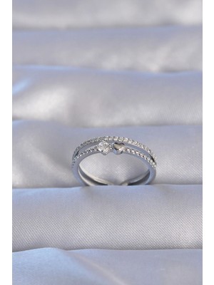 Bucuks Mey Ithalat® Pirinç Gümüş Renk Zirkon Taşlı Kalpli Su Yolu Model Ayarlanabilir Yüzük