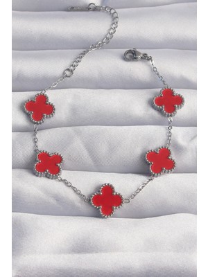 Bucuks Mey Ithalat® 316L Çelik Gümüş Renk Kırmızı Mineli Yonca Bileklik