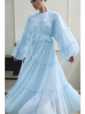 Miraydin Butik Bağcık Detaylı Fırfırlı Şifon Elbise - Bebe Mavisi