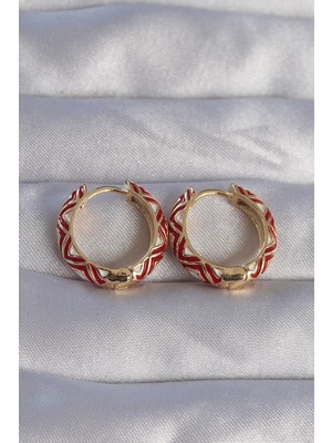 Bucuks Mey Ithalat® Pirinç Gold Renk Kırmızı Etnik Desenli Halka Küpe