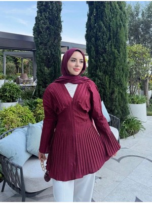 Miraydin Butik Pilise Detaylı Fermuarlı Bluz - Bordo