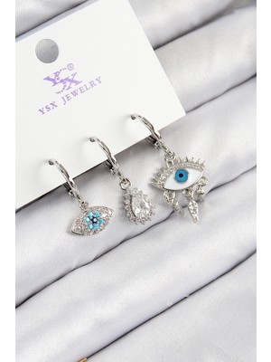 Bucuks Mey Ithalat® Pirinç Zirkon Taşlı 3'lü Fatma'nın Gözü Model Gümüş Renk Kadın Küpe