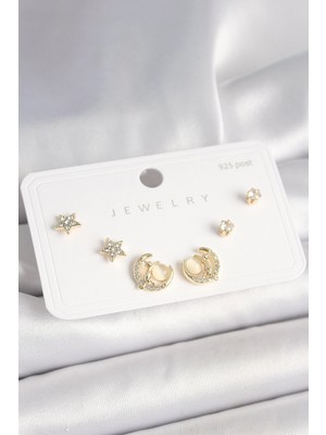 Bucuks Mey Ithalat® 925 Ayar Gümüş Çivi Zirkon Taşlı Hilal Yıldız Model Kadın Küpe Seti