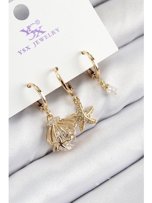 Bucuks Mey Ithalat® Pirinç Zirkon Taşlı 3'lü Istiridye ve Yıldız Model Gold Renk Kadın Küpe