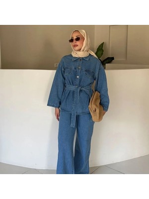 Miraydin Butik  Kadın Düğmeli ve Bağlamalı Denim Kot Ikili Takım M61821 - Açık Kot