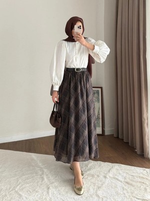 Miraydin Butik Desenli ve Kemerli Şifon Etek - Koyu Kahverengi