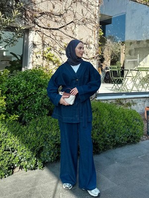 Miraydin Butik  Kadın Düğmeli ve Kemerli Denim Ikili Takım M61824 -  Koyu Kot