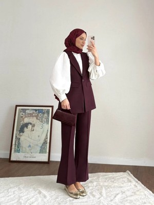 Miraydin Butik Double Kumaş Tek Düğme Yelek ve Pantolon Takım - Mürdüm