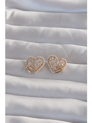 Bucuks Mey Ithalat® Pirinç Gold Renk Fiyonk Detay Incili Zirkon Taşlı Kalp Küpe