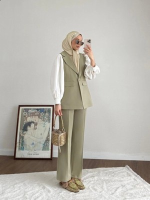 Miraydin Butik Double Kumaş Tek Düğme Yelek ve Pantolon Takım - Yeşil