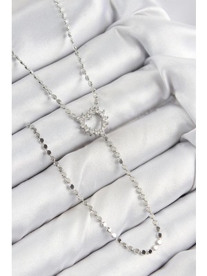 Bucuks Mey Ithalat® Pirinç Zirkon Taşlı Ezme Zincirli Kalp Model Gümüş Renk Y Kolye