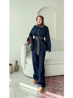 Miraydin Butik  Kadın Düğmeli ve Kemerli Denim Ikili Takım M61839 - Kot