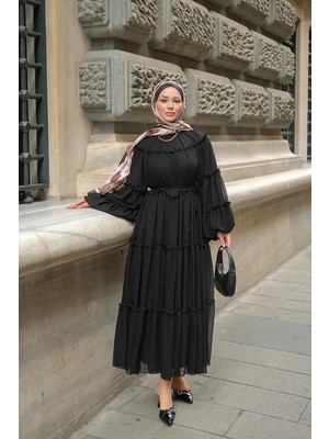 Miraydin Butik Bağcık Detaylı Fırfırlı Şifon Elbise - Siyah