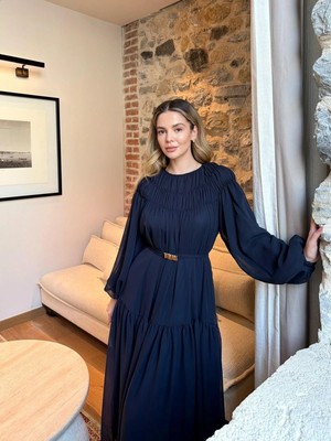 Miraydin Butik Kat Kat Büzgülü Kemer Detaylı Şifon Elbise - Lacivert