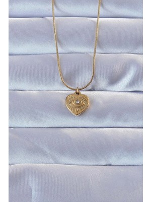 Bucuks Mey Ithalat® 316L Altın Renk Zirkon Taşlı Işlemeli Göz Detay Kalp Kolye