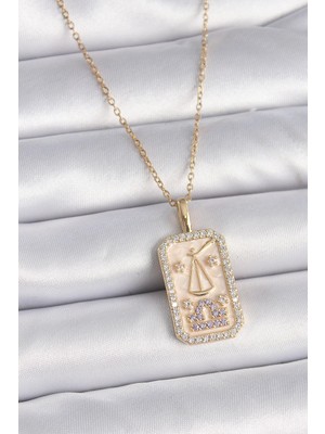 Bucuks Mey Ithalat® 316L Çelik Gold Renk Zincir Terazi Burcu Zirkon Taşlı Kadın Kolye