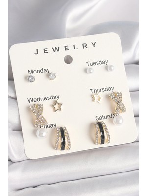 Bucuks Mey Ithalat® Pirinç Gold Renk Zirkon Taş Yıldız Detaylı Incili 7'li Set Kadın Küpe Seti