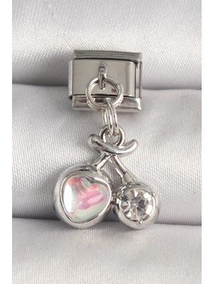 Bucuks Mey Ithalat® 316L Çelik Gümüş Renk Pembe Mineli Kalp Zirkon Taş Detay Nomination Charm