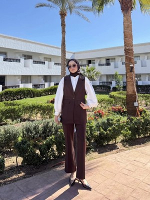 Miraydin Butik Double Kumaş Tek Düğme Yelek ve Pantolon Takım - Koyu Kahverengi
