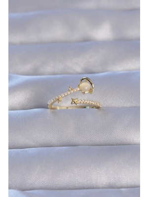 Bucuks Mey Ithalat® Pirinç Gold Renk Zirkon Taşlı Incili Satürn Model Ayarlanabilir Yüzük