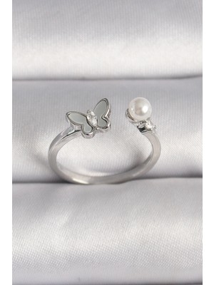 Bucuks Mey Ithalat® Pirinç Gümüş Renk Zirkon Taş Detaylı Beyaz Mineli Kelebek Figür Inci Detay Ayarlanabilir Yüzük