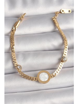 Bucuks Mey Ithalat® 316L Çelik Gold Renk Yassı Zincir Model Zirkon Taş Detaylı Beyaz Mineli Madalyon Model Kadın Bileklik