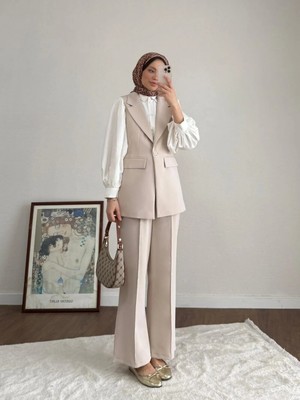 Miraydin Butik Double Kumaş Tek Düğme Yelek ve Pantolon Takım - Bej