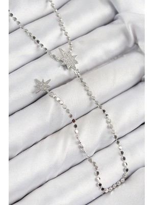 Bucuks Mey Ithalat® Pirinç Zirkon Taşlı Ezme Zincirli Kutup Yıldızı Model Gümüş Renk Y Kolye