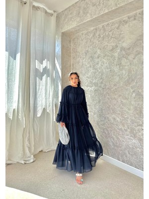 Miraydin Butik Bağcık Detaylı Fırfırlı Şifon Elbise - Lacivert