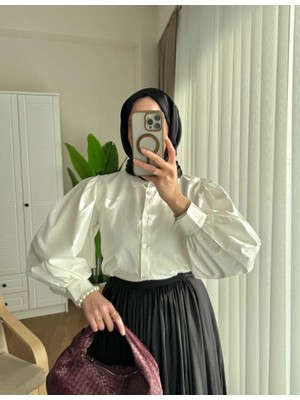 Miraydin Butik Kadın Balon Kol Etek Üstü Kısa Gömlek M24135 - Beyaz