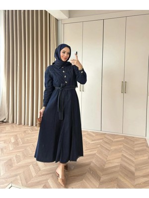 Miraydin Butik Belden Bağlamalı Yaka Pat Detaylı Denim Elbise - Lacivert