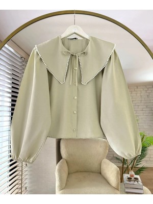 Miraydin Butik Kadın Etek Üstü Bebe Yaka Incili Yeşil Gömlek