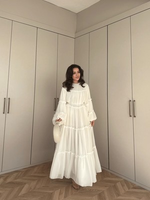 Miraydin Butik Bağcık Detaylı Fırfırlı Şifon Elbise - Ekru