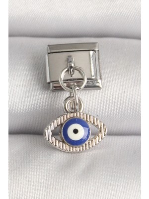 Bucuks Mey Ithalat® 316L Çelik Gümüş Renk Nazar Boncuk Detaylı Göz Model Nomination Charm