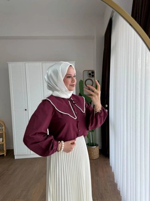 Miraydin Butik Kadın Etek Üstü Bebe Yaka Incili Bordo Gömlek