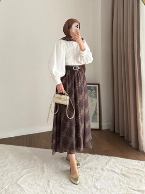 Miraydin Butik Desenli ve Kemerli Şifon Etek - Kahverengi