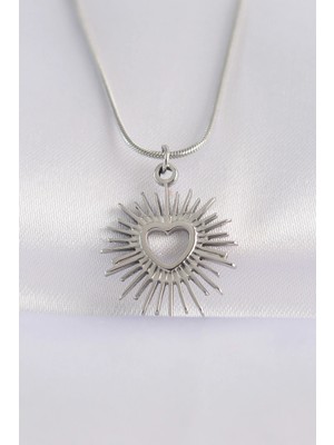 Bucuks Mey Ithalat® 316L Çelik Zincir Gümüş Renk Kalp Güneşi Tasarımlı Kolye