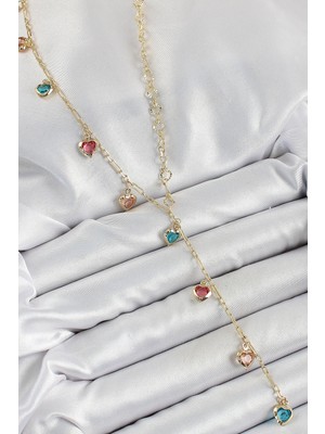 Bucuks Mey Ithalat® Pirinç Asorti Kalp Model Gold Renk Zirkon Taşlı Y Kolye