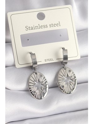 Bucuks Mey Ithalat® 316L Çelik Gümüş Renk Kutup Yıldızı Işleme Kadın Küpe